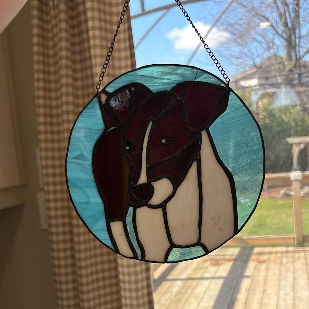 Stained Glass Dog Suncatcher - Teal Background